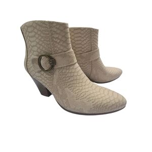 Beige snake-patterned Baretraps Lucia booties feature a stacked heel